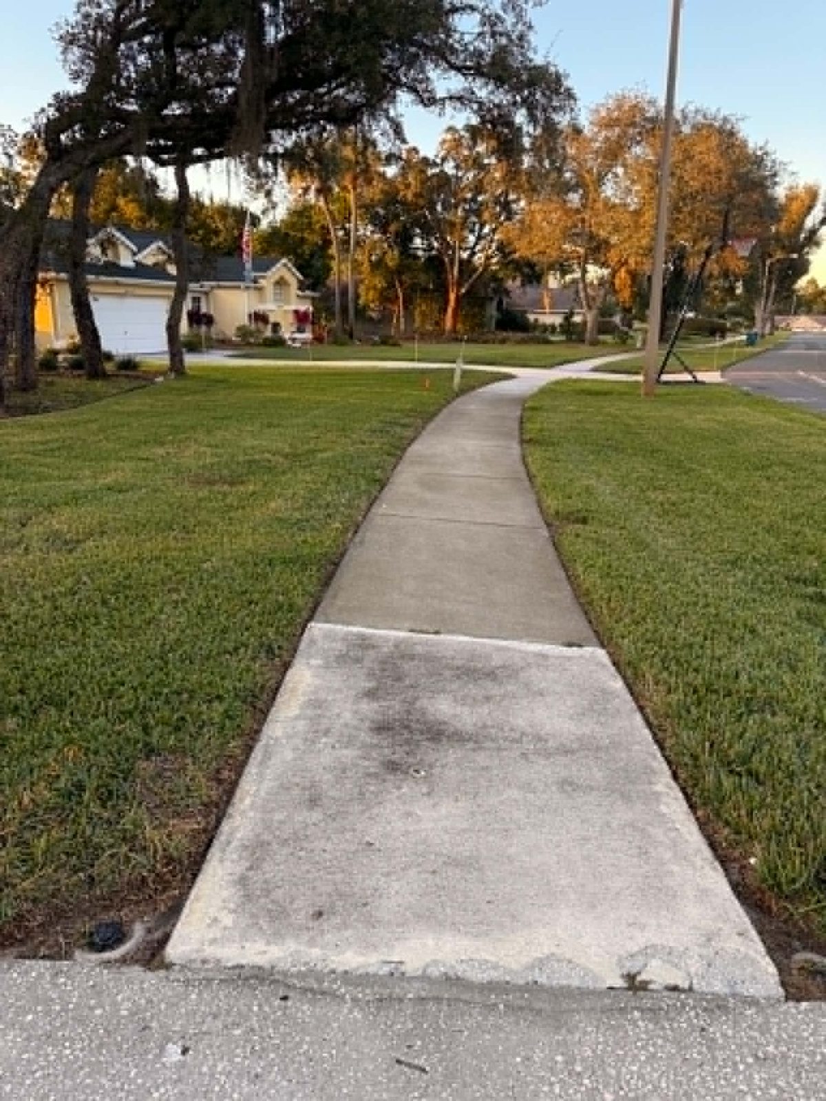 Curved sidewalk and maintained lawn at golden hour